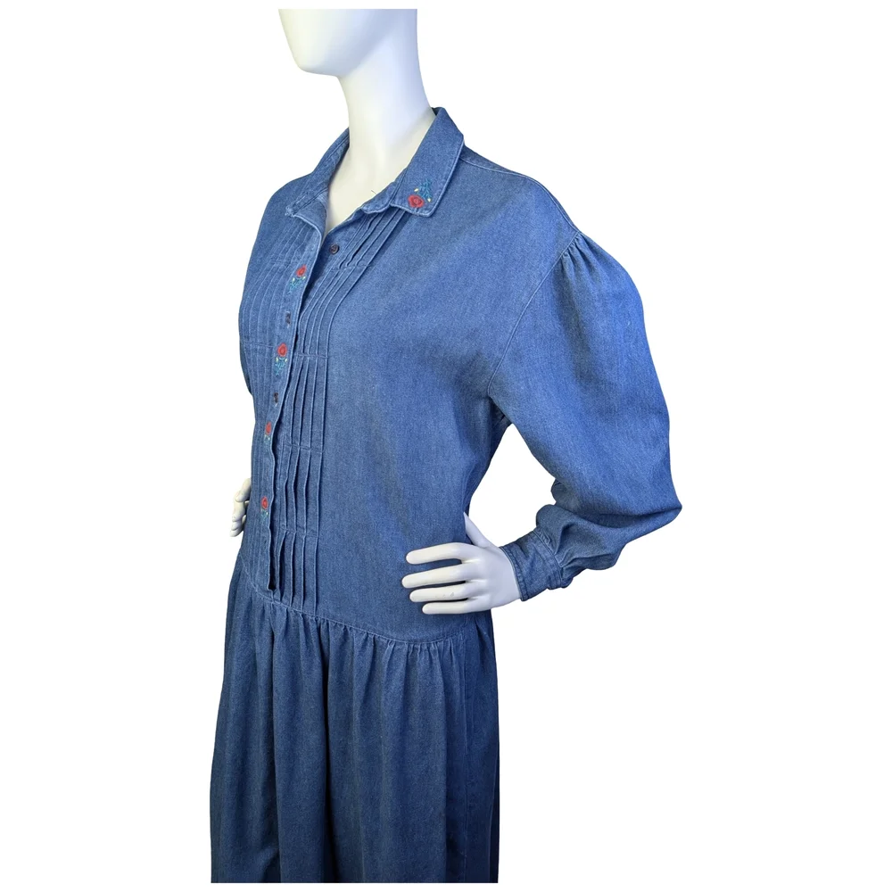 Vintage 90s Eddie Bauer Denim Prairie Dress Embroidered Florals | Fits M/L - Picture 4 of 11